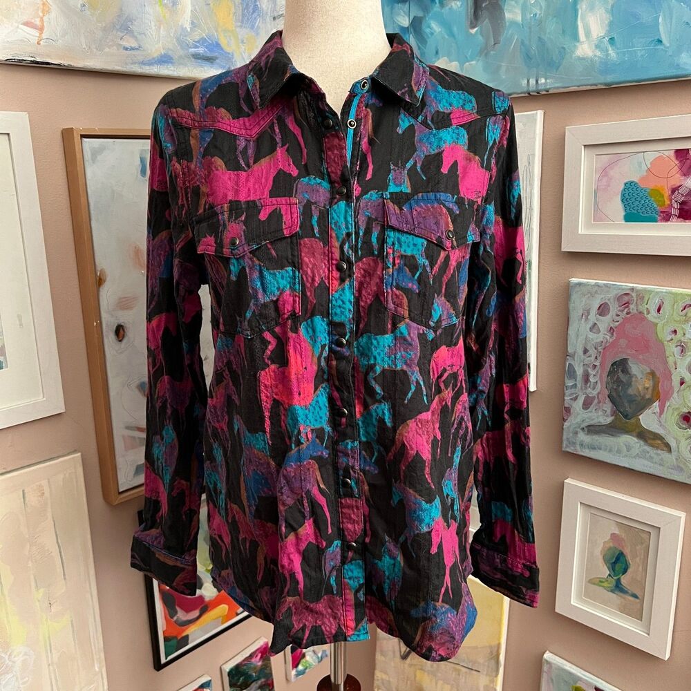 Sundance Horse Print Western Button Down Shirt Black Pink Teal Size Small Artsy